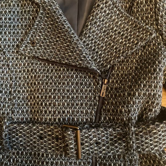 KENNETH COLE TWEED BELTED MOTO PEACOAT CARCOAT WOOL BLEND SZ MED - Picture 4 of 9